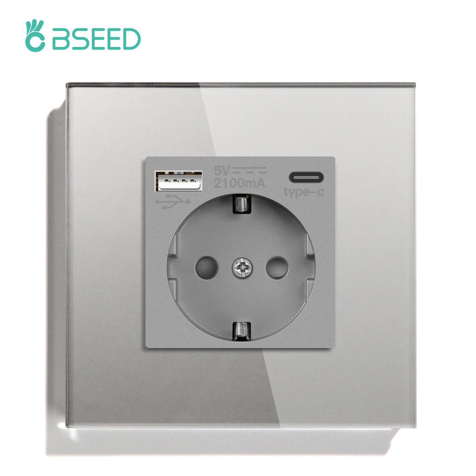 BSEED EU Standard Wall Electrical Sockets Type-C Outlets Wall Power Socket USB Charge Port Glass Panel Kids Protection 16A 