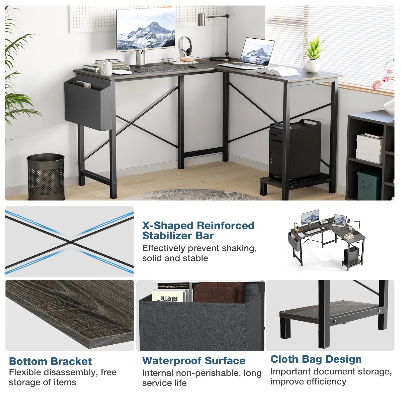 50 Inch L-Shaped Corner Desk with CPU Shelf & Storage Bag