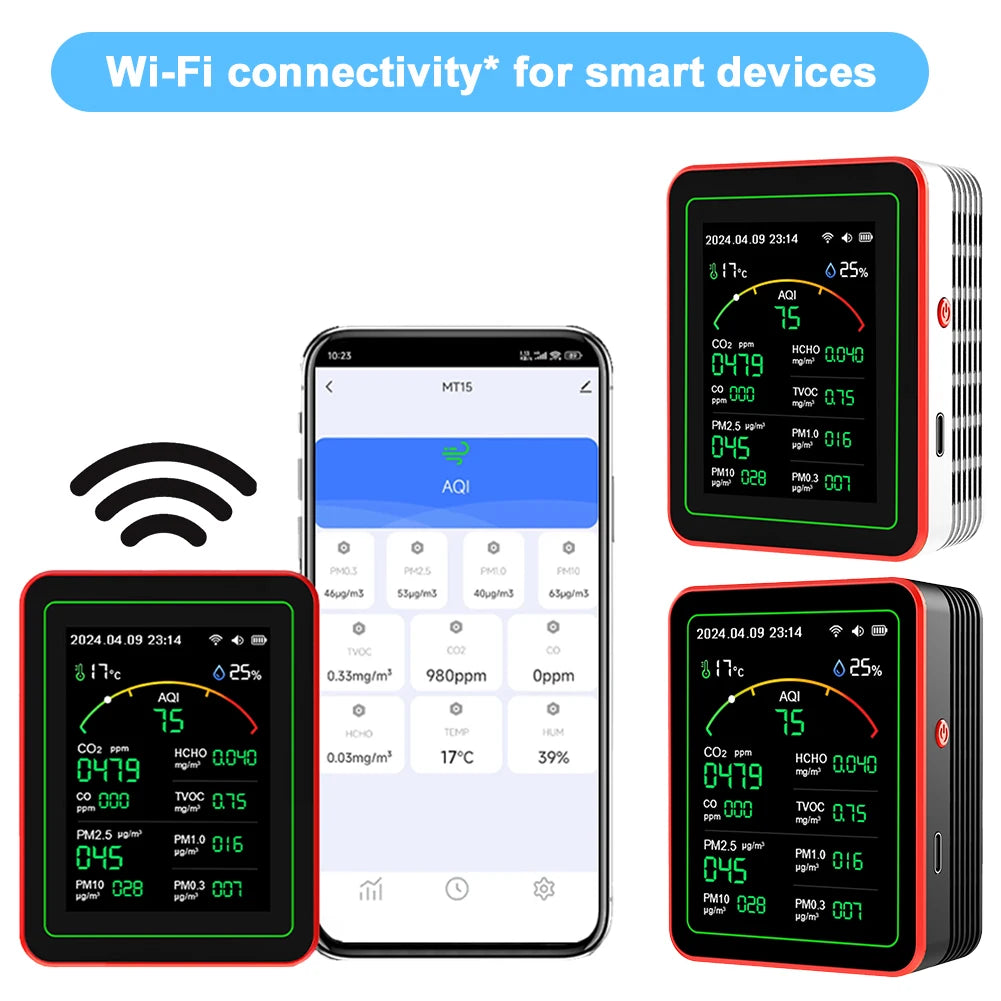 Monitor de calidad del aire WiFi 15 en 1 con pantalla de sensor de CO2, AQI y PM