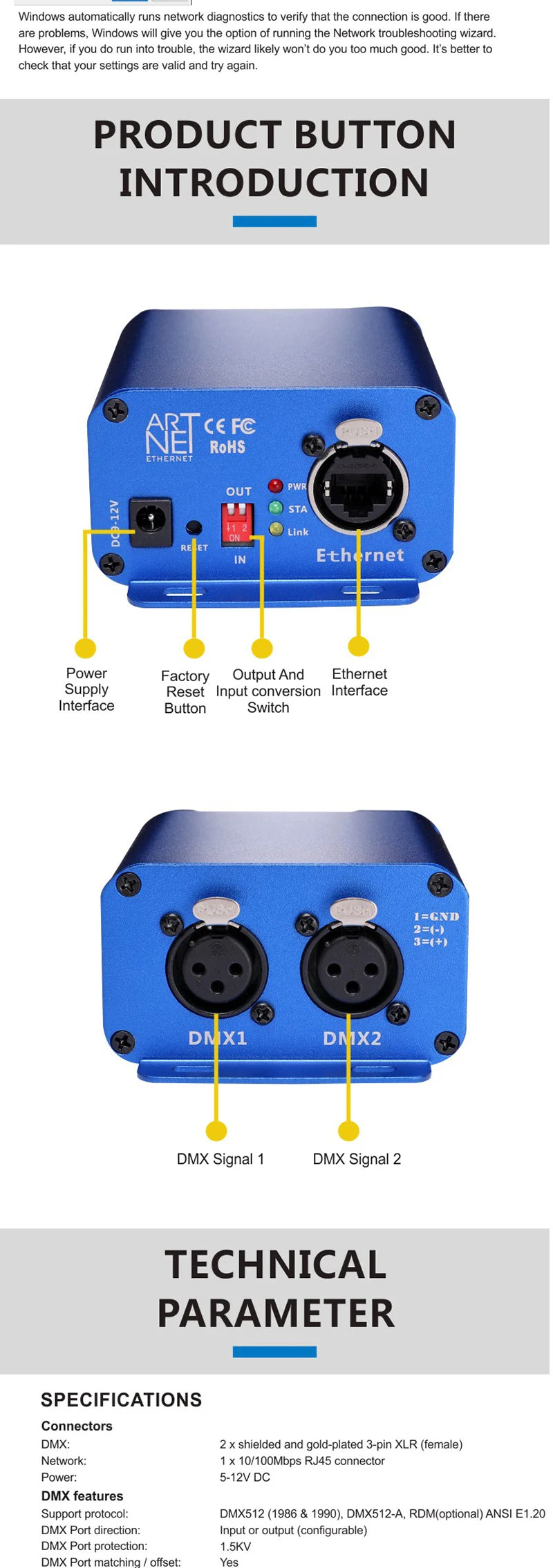 Interfejs Art-Net do Ethernet DMX do oświetlenia