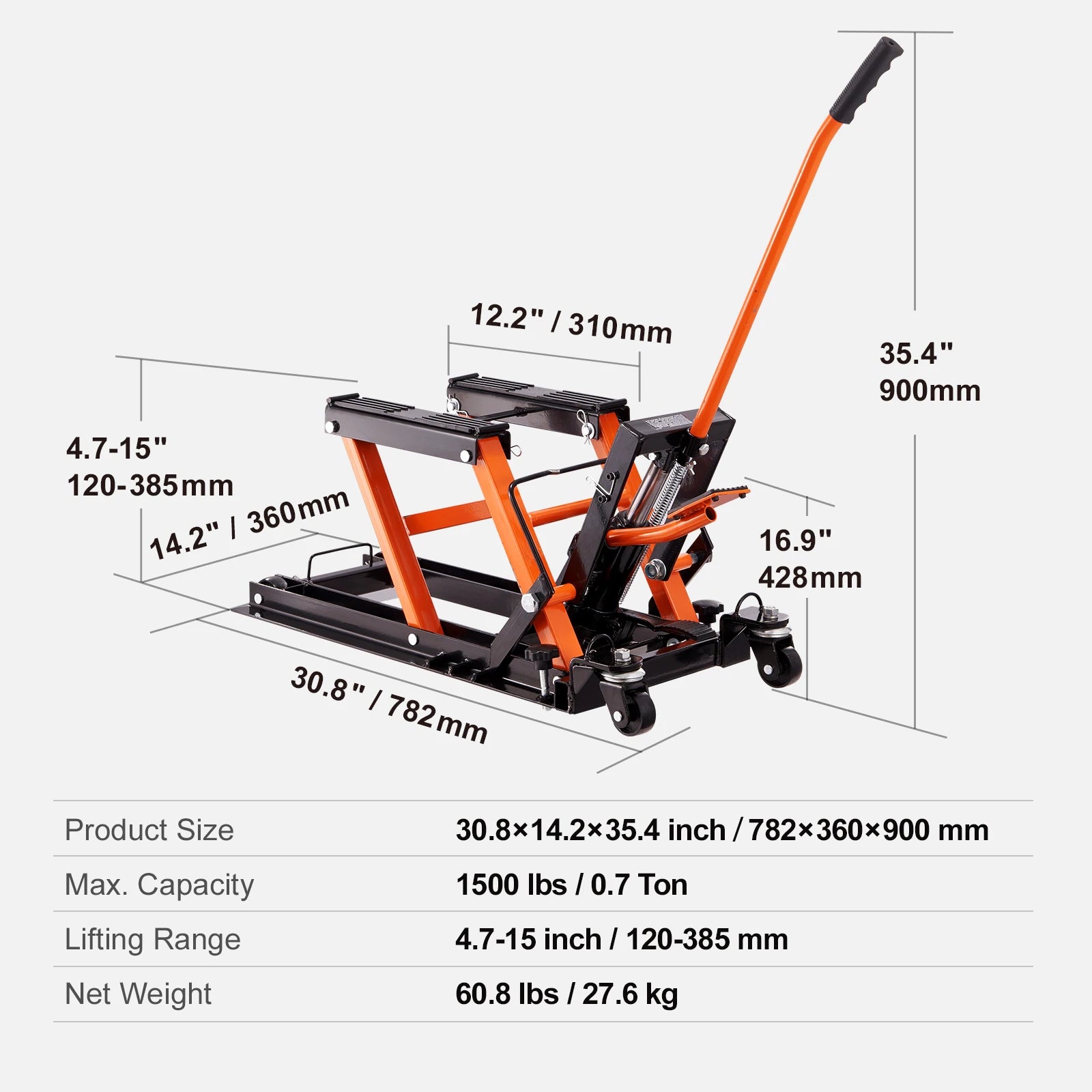 Cric hydraulique pour moto 1500 lbs avec roues et support