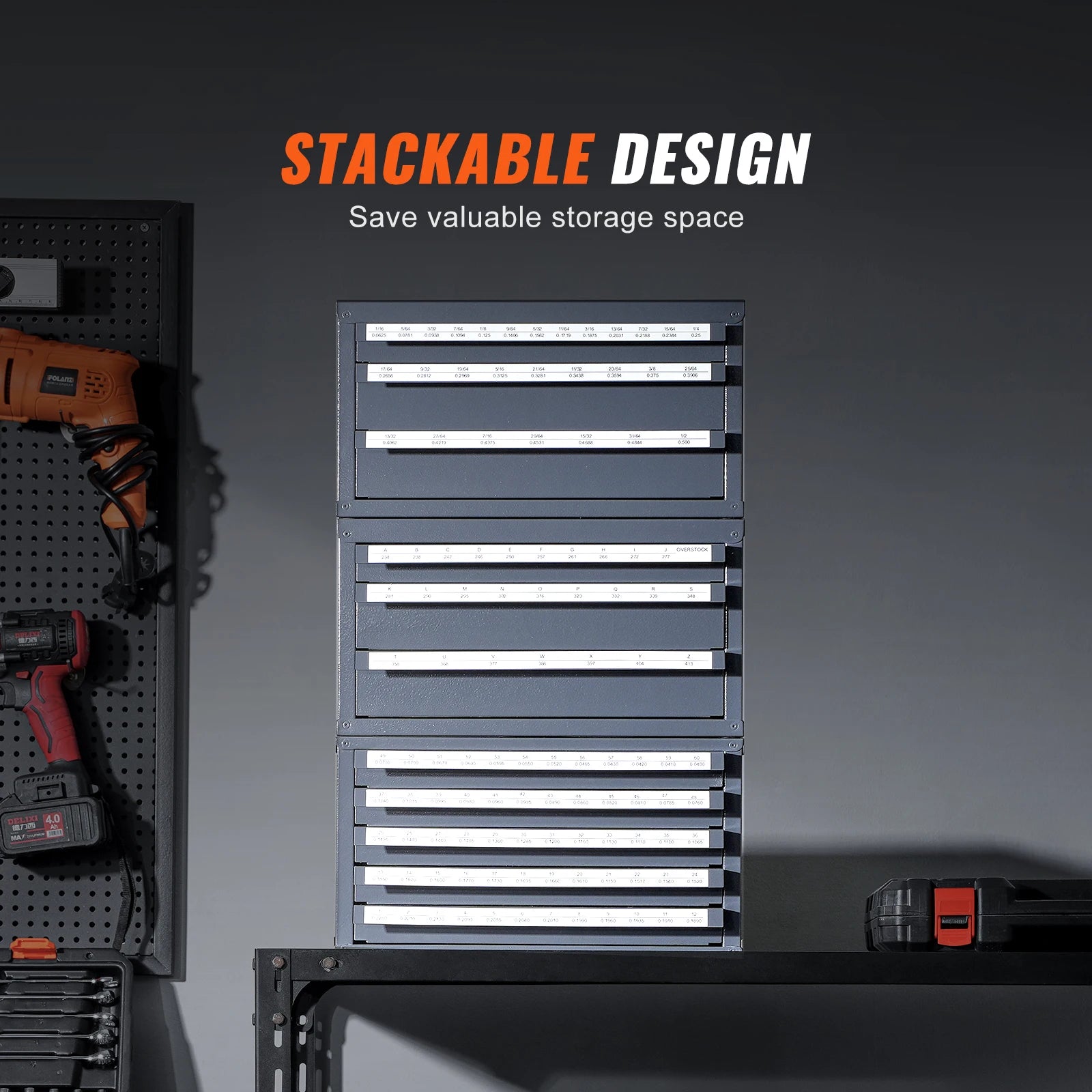 Drill Bit Dispenser Cabinet Set with Labeled Drawers 116 Slots
