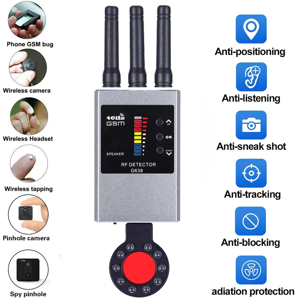 Wireless RF Signal Detector Bug GSM Audio GPS Tracker Mini Camera Finder Camera IR Scanning AI Standby Automatic Detection G638W 