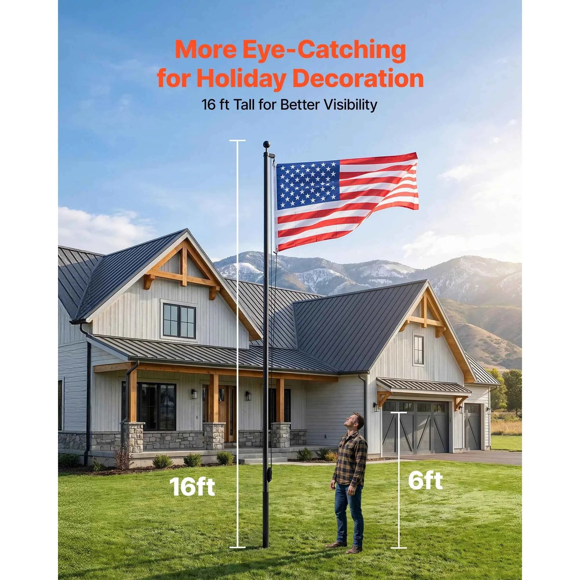 VEVOR 16/20/25/30ft Flag Pole for Outside House In Ground Thick Aluminum Flagpole Kit with 3x5American Flag for Yard Residential