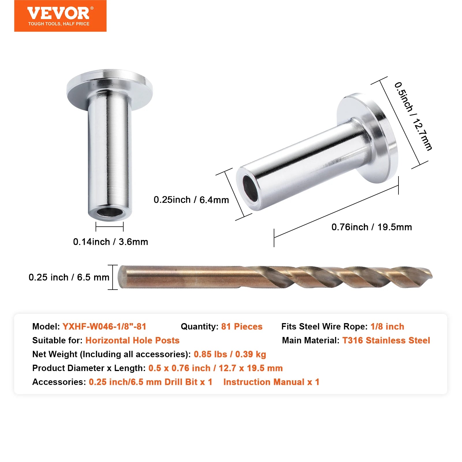 SucceBuy 121/81/101 pack T316 nerezové ochranné návleky pro kabel z ocelového lanového ráhla o průměru 1/8" nebo 3/16"