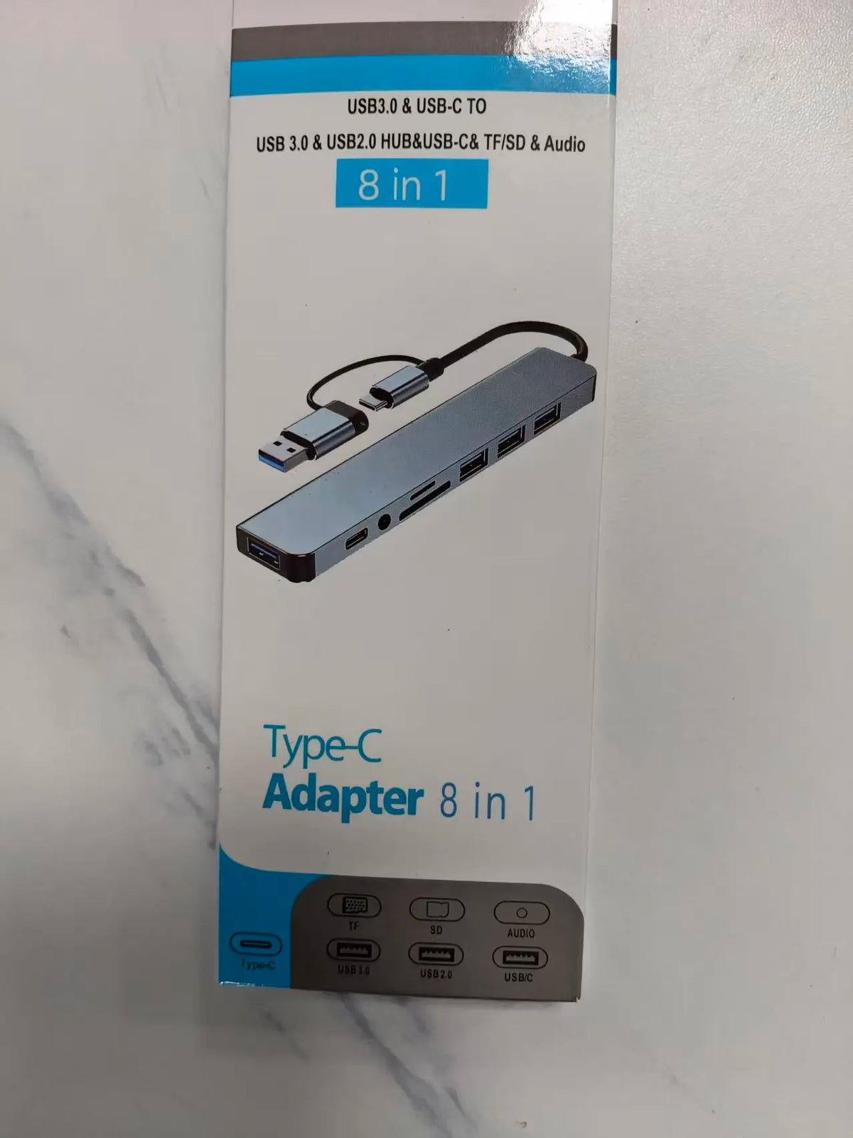 USB-C-hubadapter 8-i-2, USB-C- og USB-A-kontakter med to grensesnitt, dokkingstasjon med flere porter til bærbar PC og stasjonær PC