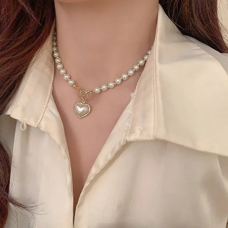 Elegant Pearl Necklace For Women Heart Pendant Necklaces Luxury Imitation Pearls Chain Necklaces Korean Jewelry Girls Gifts 