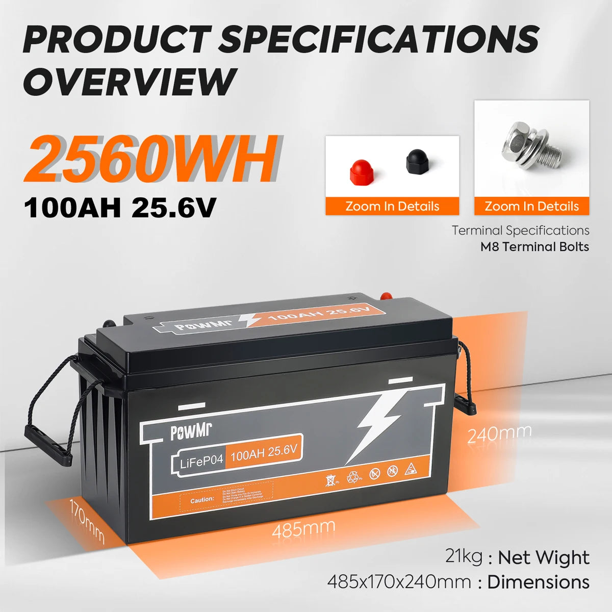 PowMr 25.6V 100Ah life 4 Battery 2560Wh Deep Cycle Lithium Iron Phosphate build-in BMS 6000 Cycles 100A Max Charge/Discharge for Solar Energy Storage RV Marine Boat Off-Grid System Replacement of LED Acid Battery