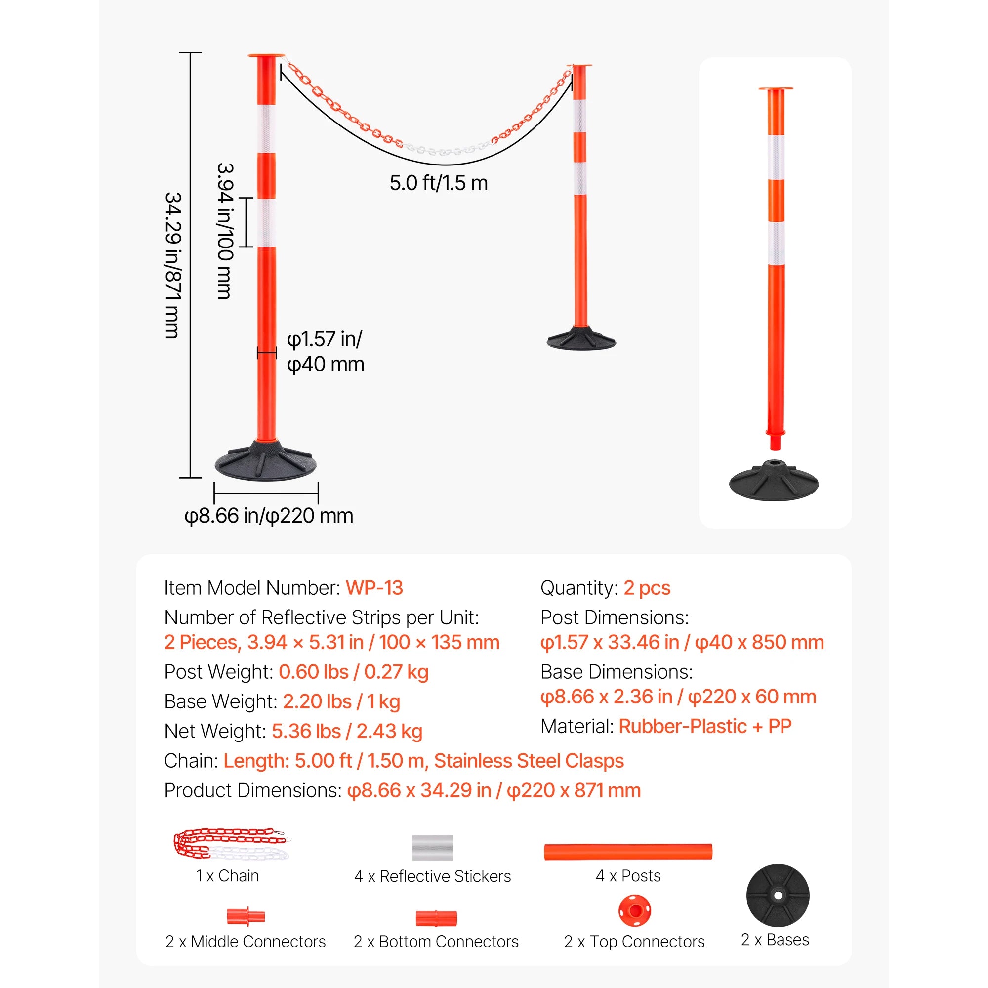 SucceBuy 2/3/4/6/12 Pack Traffic Delineator Posts 34/45 in with Weighted Base Reflective Strips for Construction Site Parking