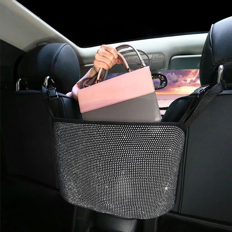 SEAMETAL Bling Center Console Organizer Shiny White Rhinestone Car Storage Bag for Lady Crystal Diamond Auto Handbag Holder