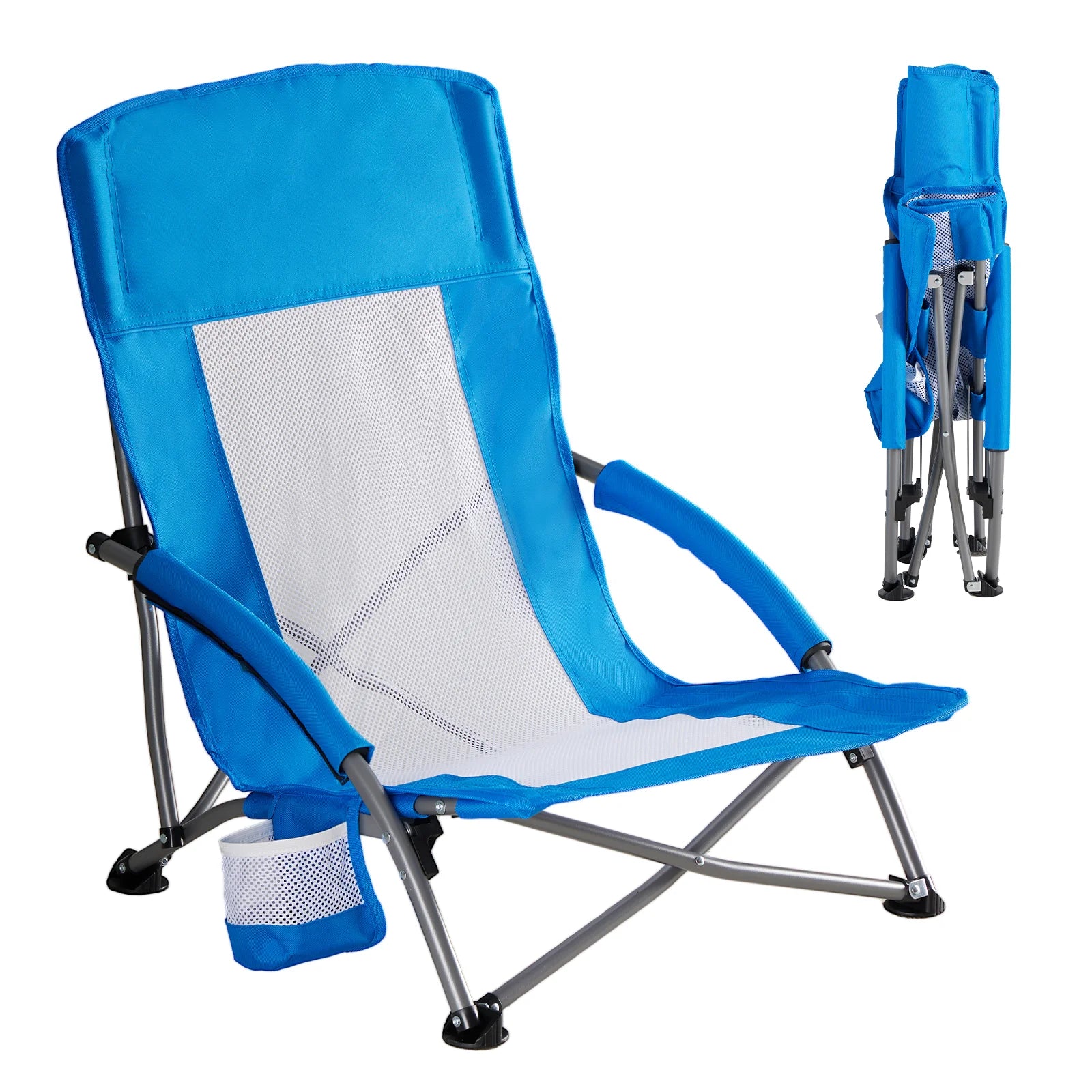 Sedia da Spiaggia Pieghevole Portatile con Portabicchieri e Spazio di Stoccaggio
