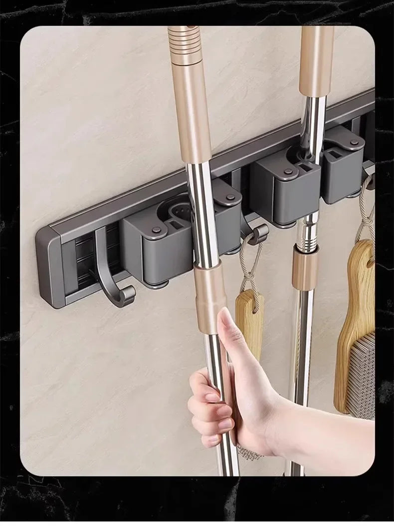 Wall-Mounted Mop and Broom Organiser, Grey