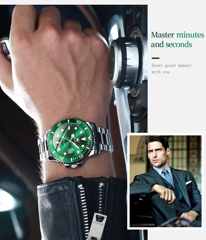 OLEVS Top Original Men Quartz Watch Green Waterproof Watch for Men Stainless Steel Quartz Men Luxury Watch Luminous Wristwatch 