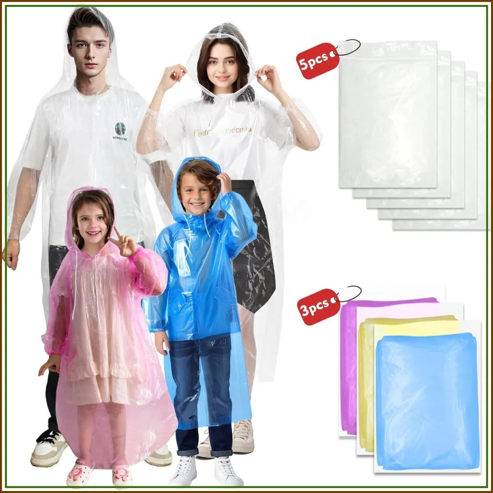 Rain Ponchos Family Pack - Disposable Emergency Ponchos for Adults & Kids, 8 Pack