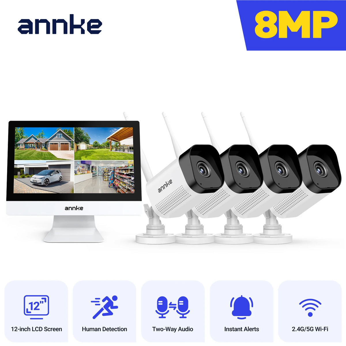 8MP WiFi Security Camera System with 12 Inch LCD