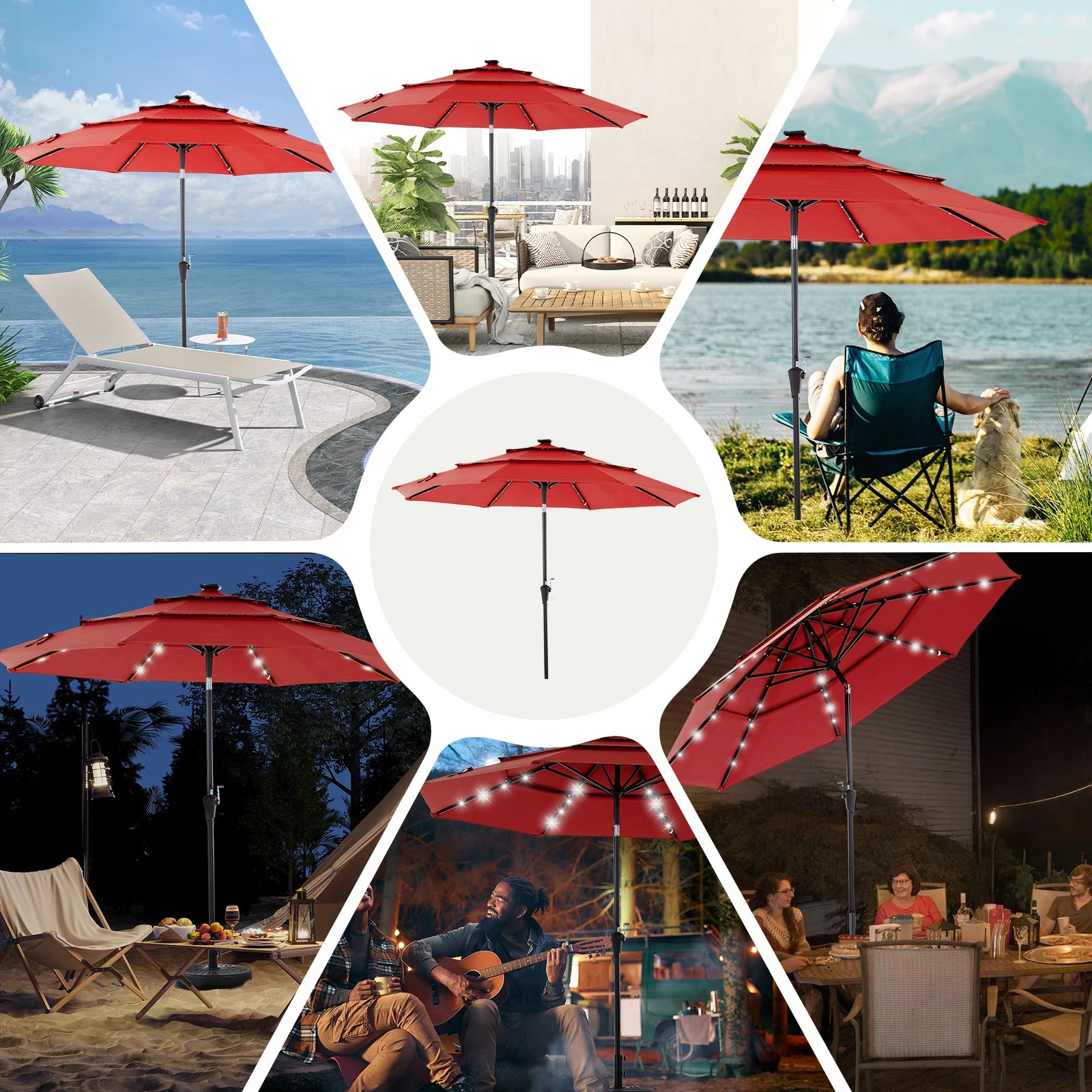 10 FT Solar LED Patio Umbrella with Tilt & Crank Shade