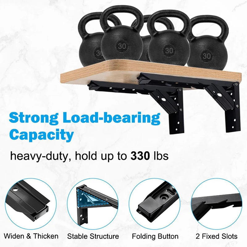 Folding Shelf Brackets, Black or Steel Finish, Pair
