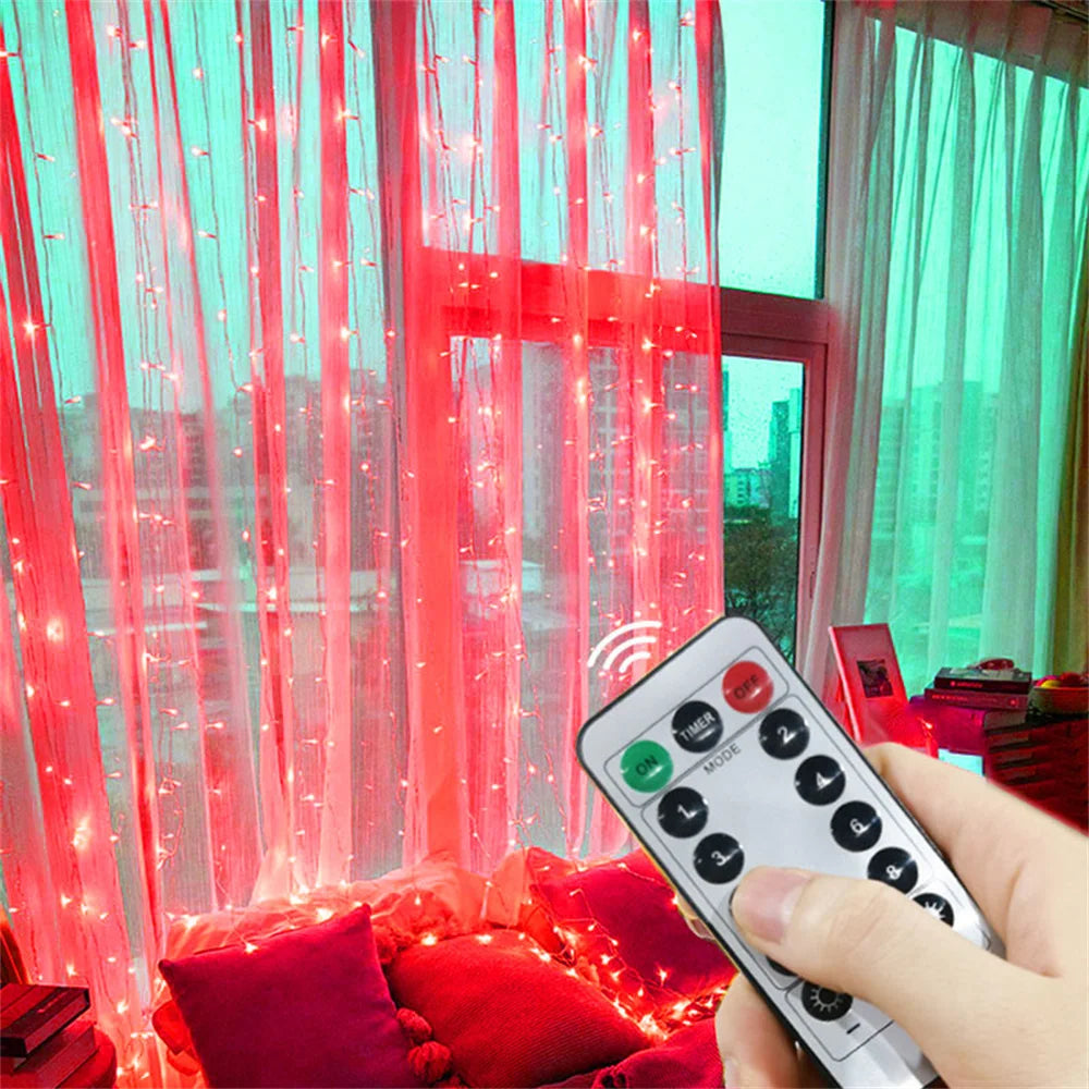 Cortina de luzes LED decorativas USB, 8 modos, vários tamanhos