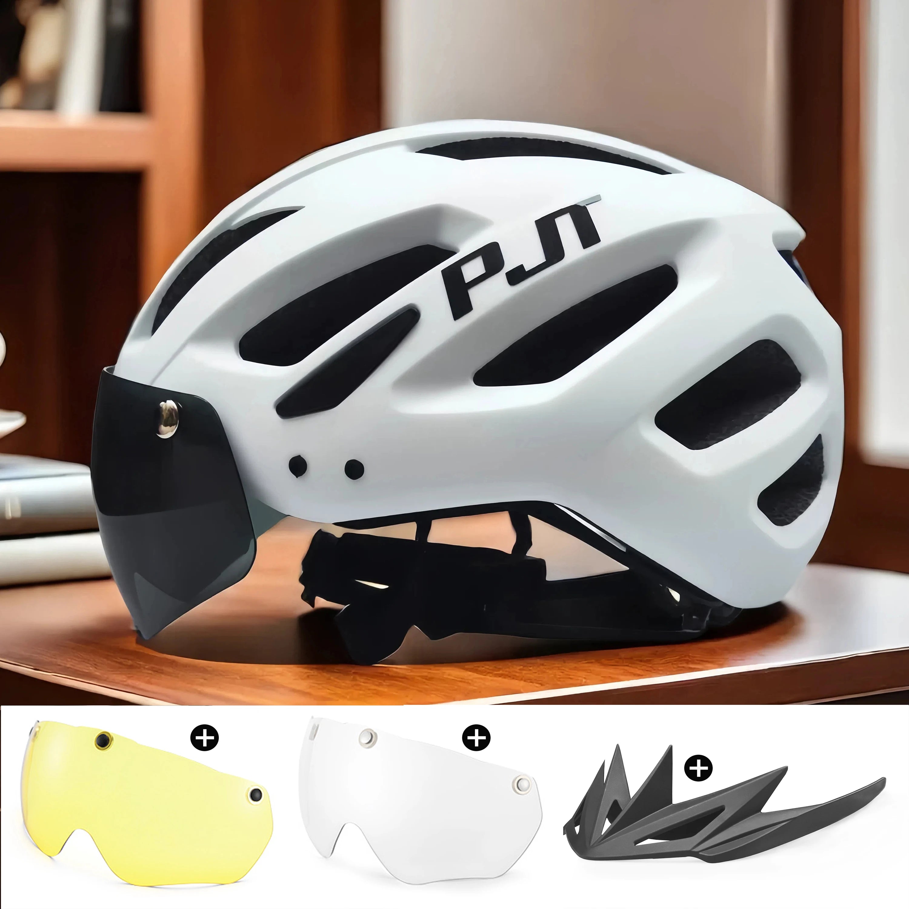 PJT New LED Bike Helmet With Sun Goggle Visor Rechargeable LED Men Bicycle Helmet Sunglasses Shield Road MTB Cycling Helmets 
