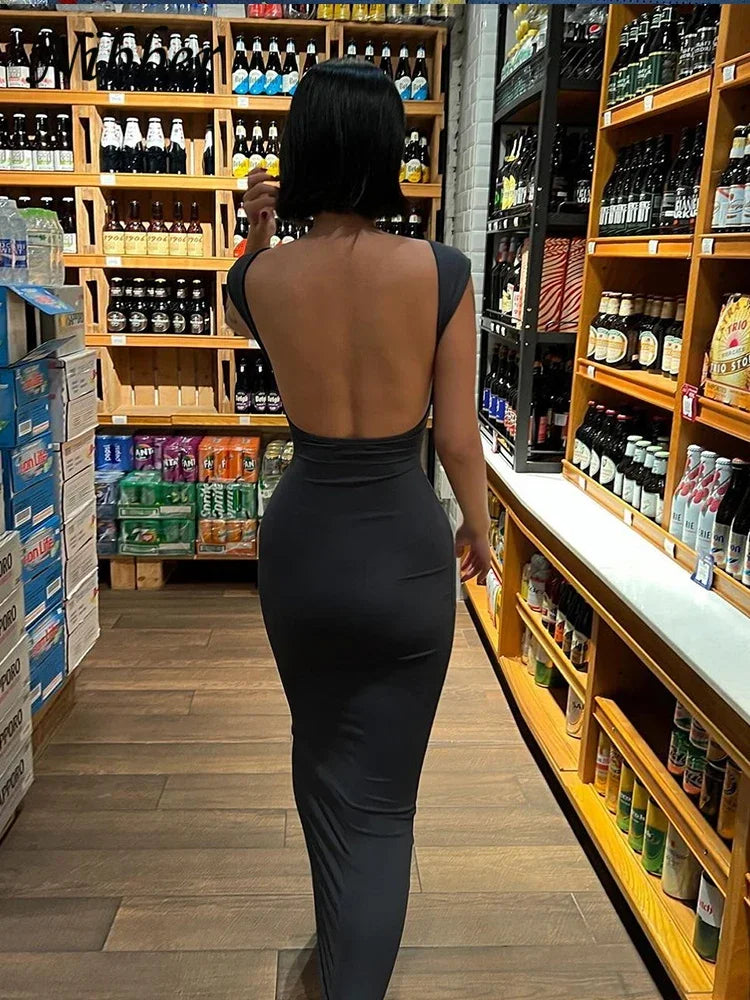 Nibber Solid Sexy Backless Maxi Dress Women Elegant Elastic Slim Short Sleeve Long dresses Female Bodycon Streetwear Clothing 