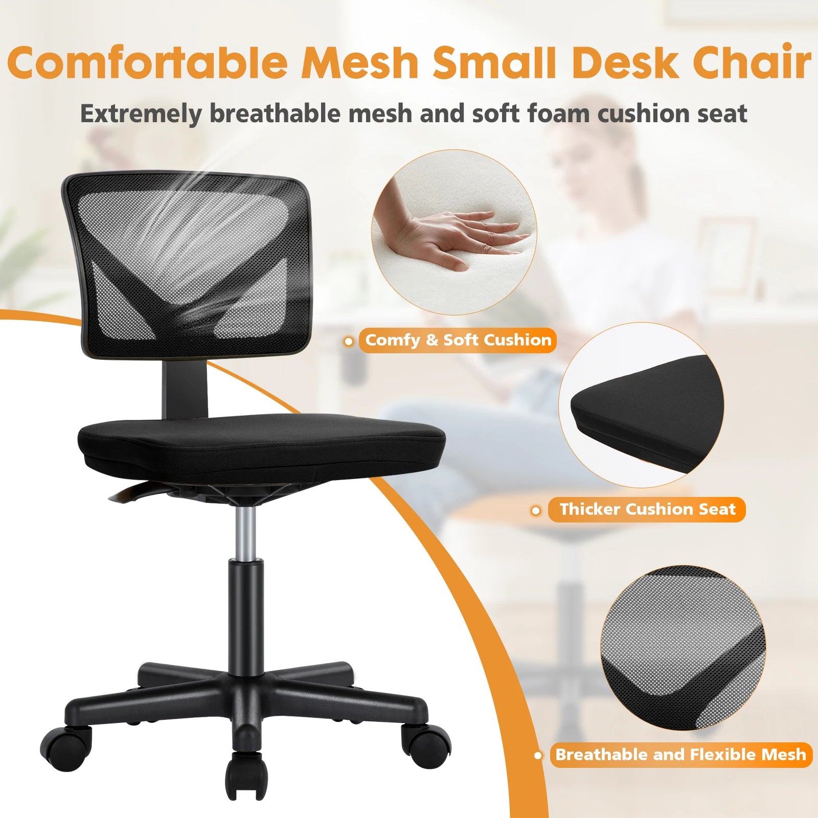 Mesh Armless Office Chair with Lumbar Support & Adjustable Height