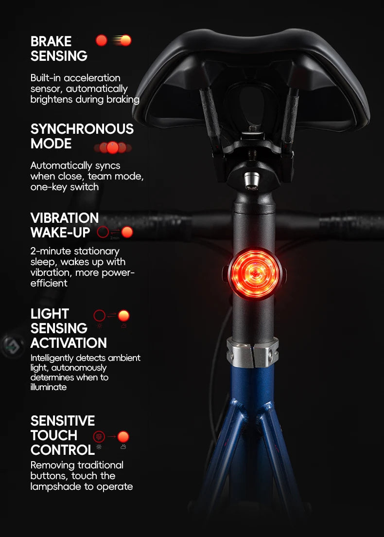 Set Luci per Bici ROCKBROS MTB Strada Impermeabile 200LM/400LM Faro Anteriore + Luce Posteriore Intelligente con Sensore Frenata Automatica