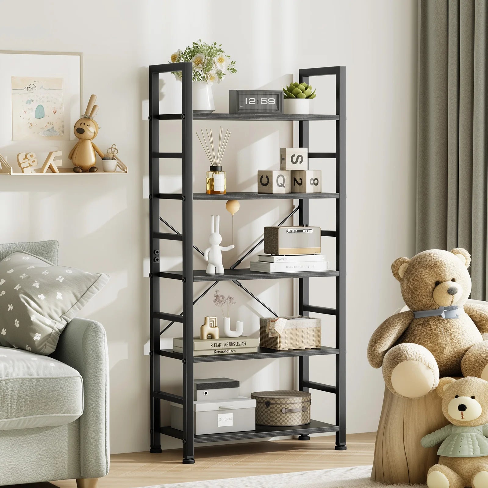5 Tier Wooden Bookshelf with Metal Frame Tall Storage Display