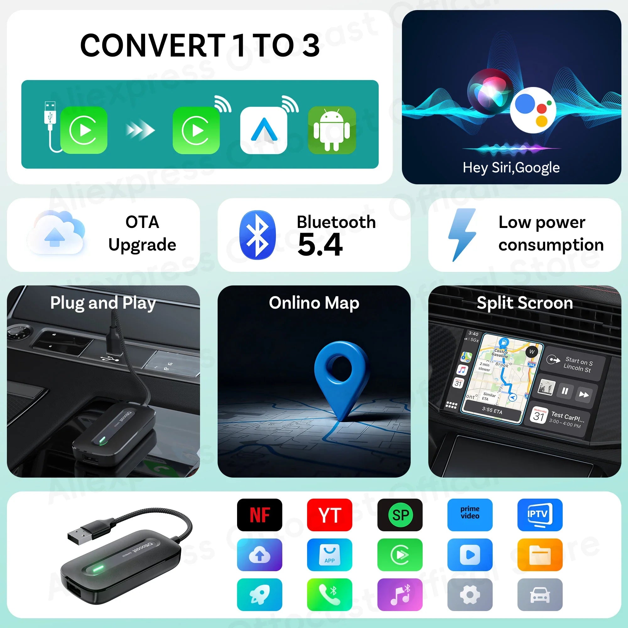 Wireless In-Car Phone Adapter with Pre-Installed Video Apps