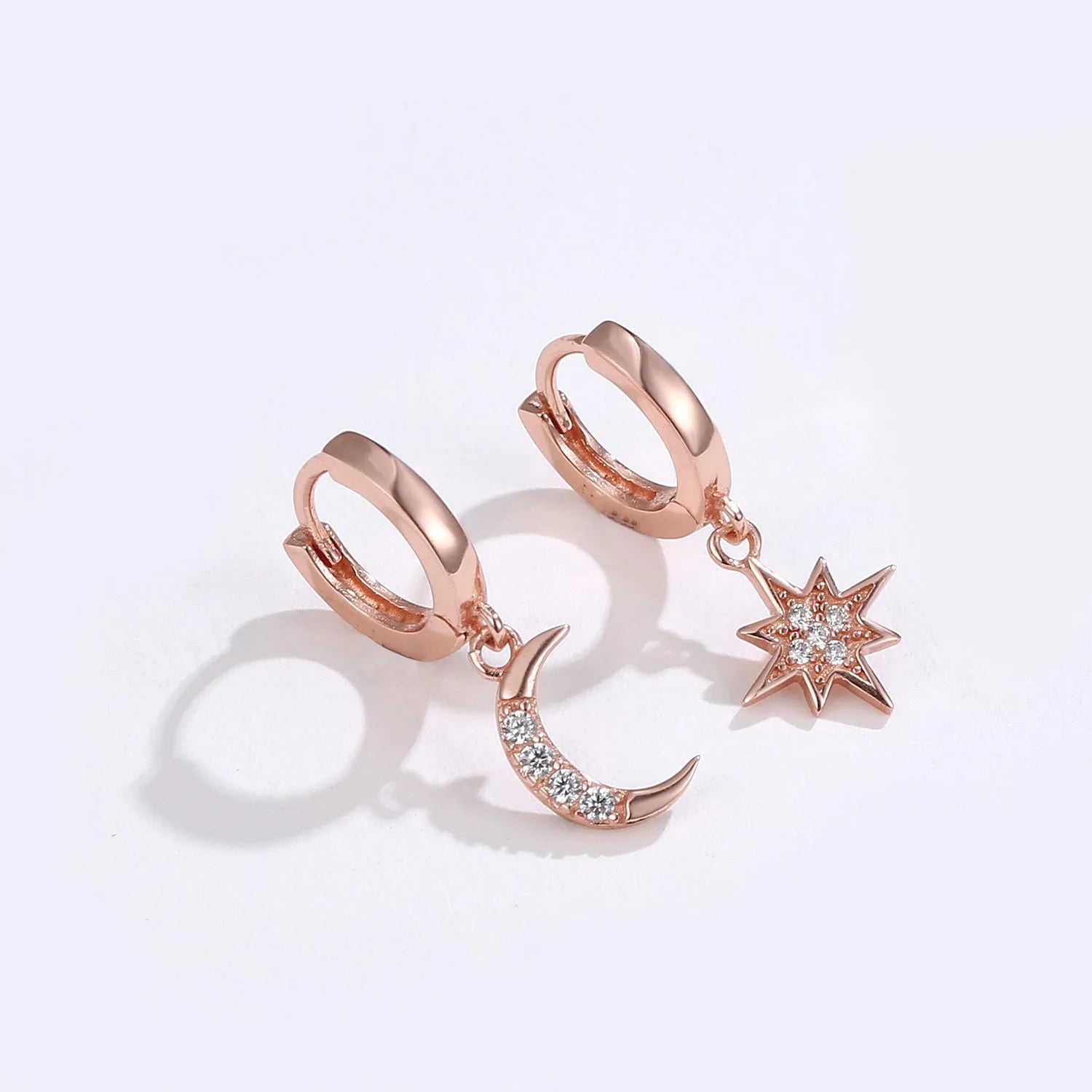 925 Sterling Silver CZ Star Moon Asymmetric Hoop Earrings