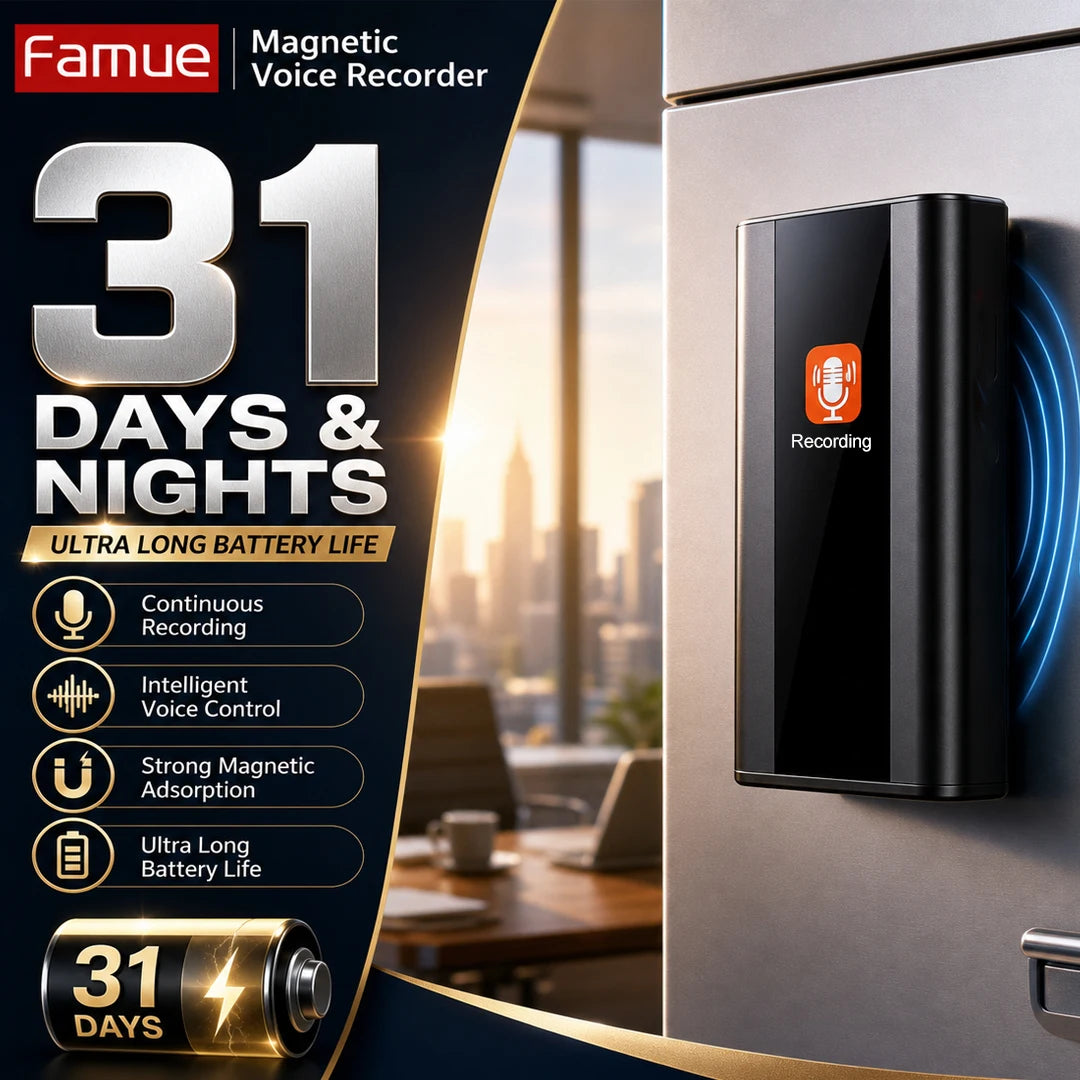 FAMUE enregistreur vocal magnétique 760H 3500mAh Batterie Réduction de bruit 90dB Enregistrement activé par la voix Recommandé par les avocats