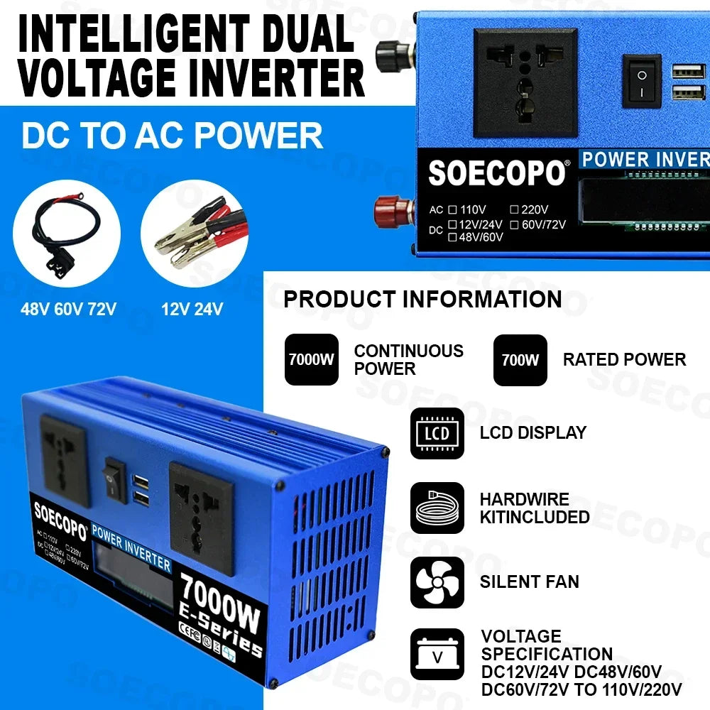 Inverter di Potenza 700W DC a AC 110V/220V con USB e Display LCD