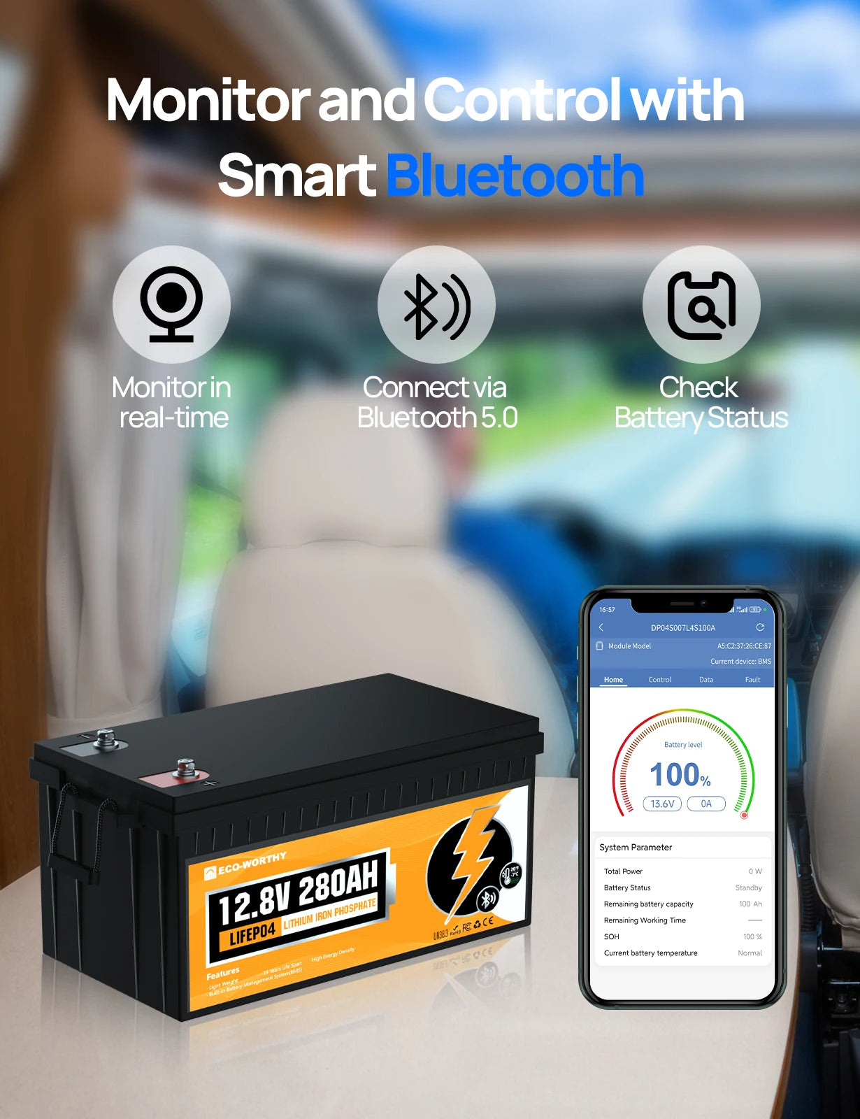 12V 280Ah LiFePO4 baterie pro obytný vůz 3584Wh s Bluetooth a 200A BMS