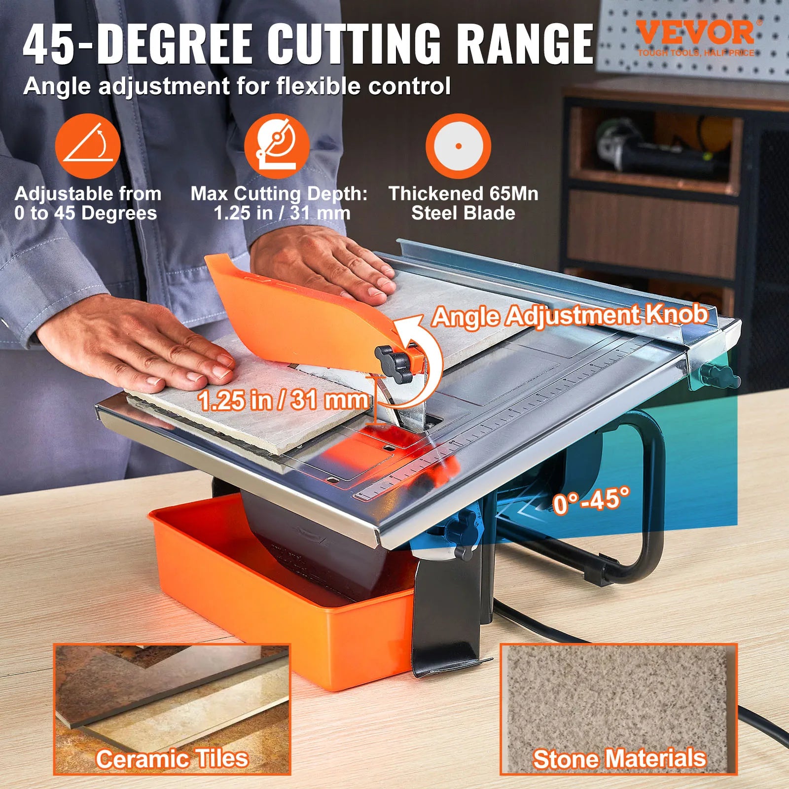 7-inch natte tegelzaag met 3500 RPM motor en verstelbare hoek