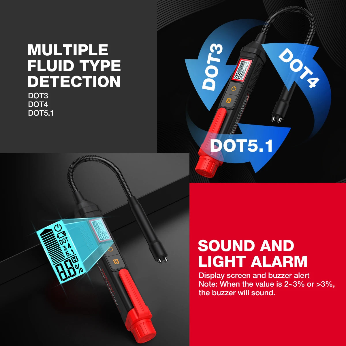 3-Colors Backlight Portable Digital Brake Fluid Tester Accurate Auto Car Brake Oil Tester Sound Light Alarm DOT3 DOT4 DOT5.1