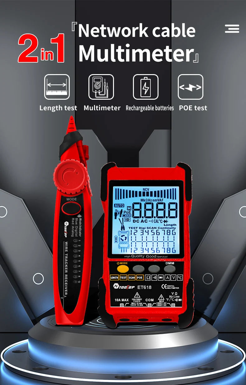 TOOLTOP Network Cable Tester Multimeter Lan Cable Tracking POE Test 400M/600M Length Measure Sensitivity Adjustable Line Tracker 