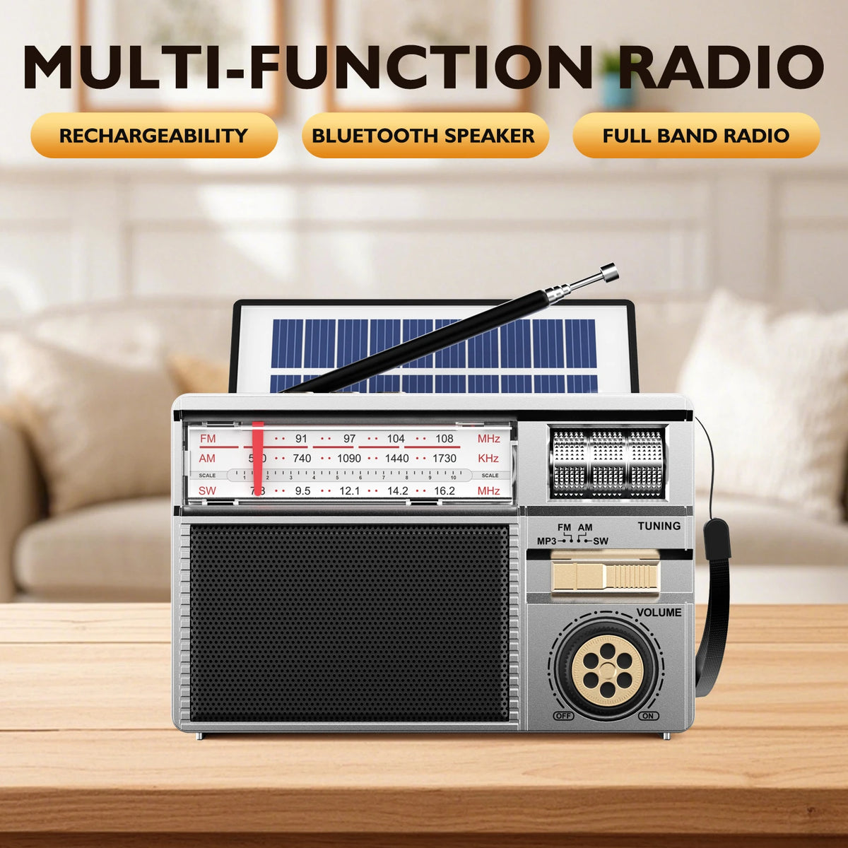 Retro Portable Radio with Bluetooth and Solar Charging