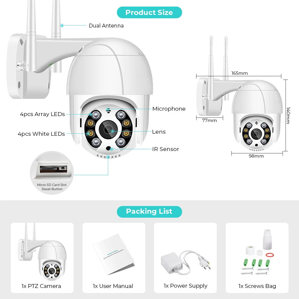 8MP 4K WiFi PTZ IP Camera with Auto Tracking and Two-Way Audio