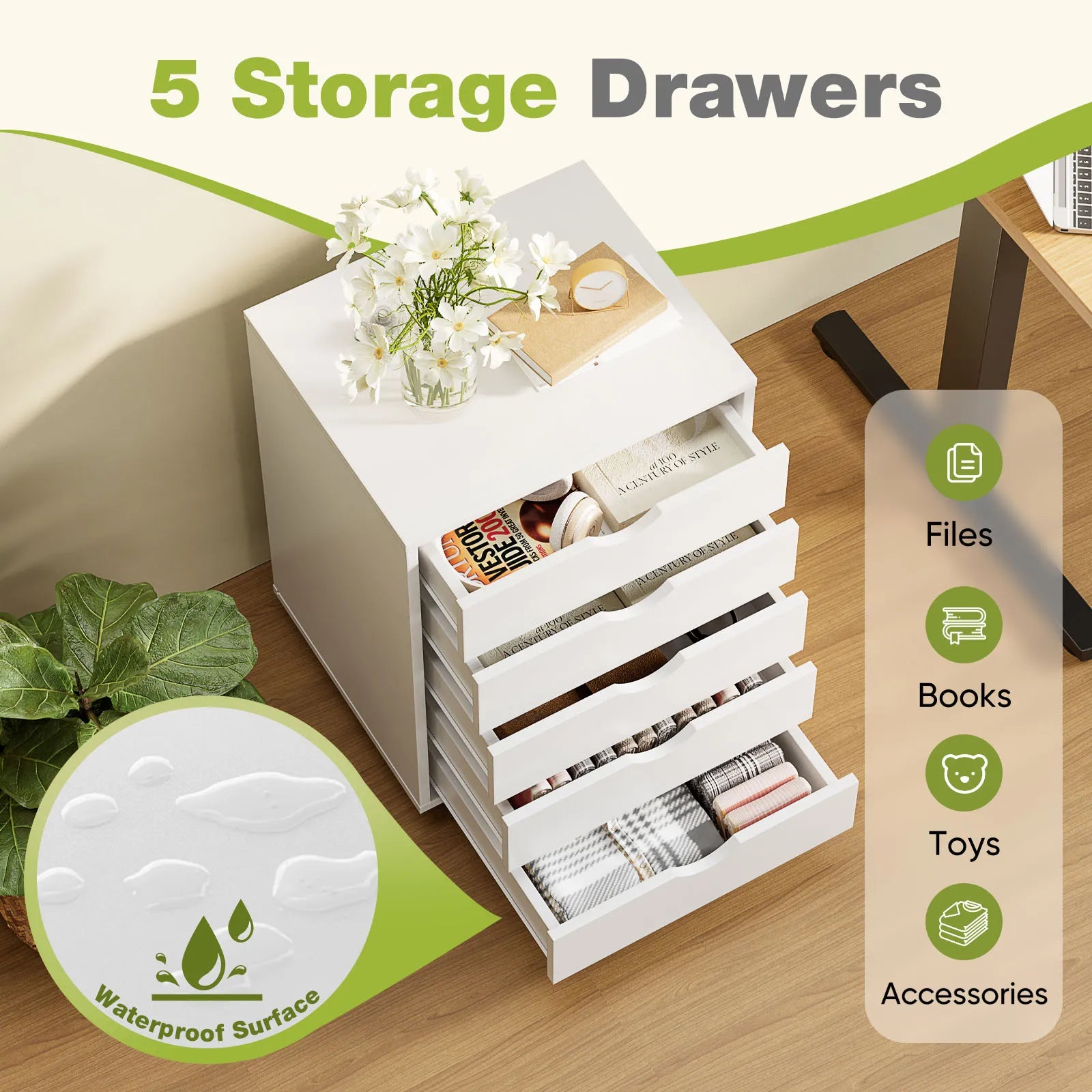 5 Drawer Rolling Nightstand Cabinet with Waterproof Top Surface