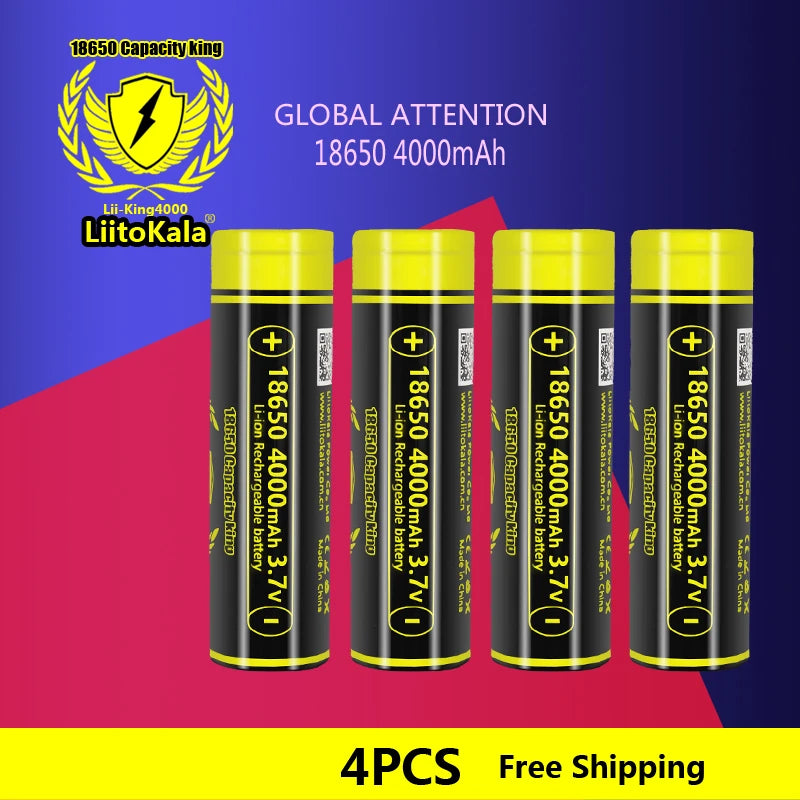 4pcs LiitoKala Lii-King4000 Highest Capacity 18650 4000mAh  battery Original 3.6V Reachargeable batteries for flashligh 
