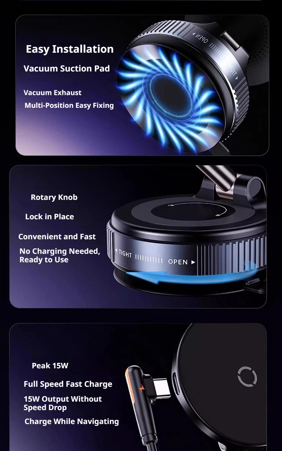 SEAMETAL Strong Magnetic Car Phone Holder Foldable 360° Rotation Multi-scene application 15W Vacuum Suction Wireless Charger