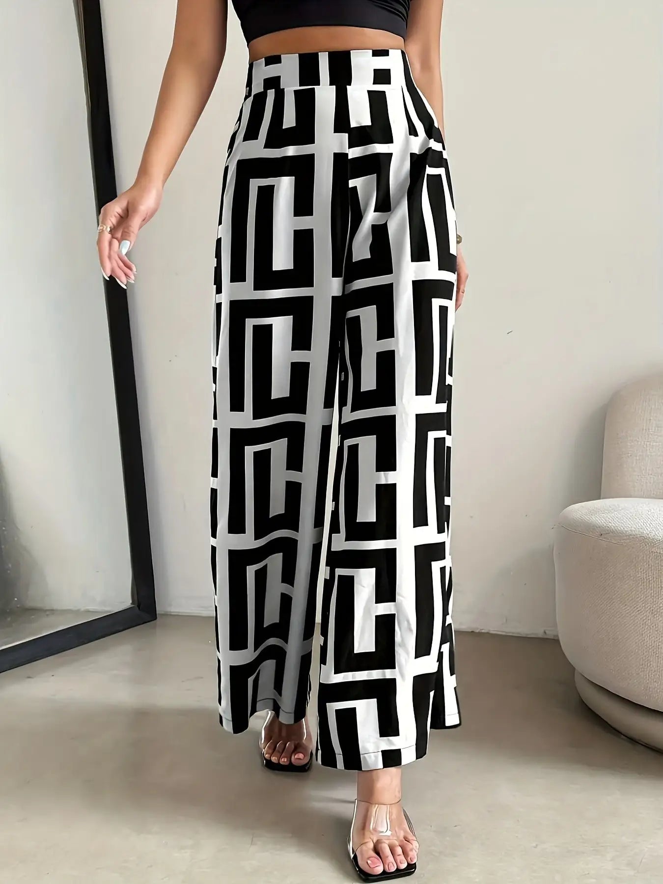 Bohemian Wide Leg Pants with Elastic Waist and Checkered Print