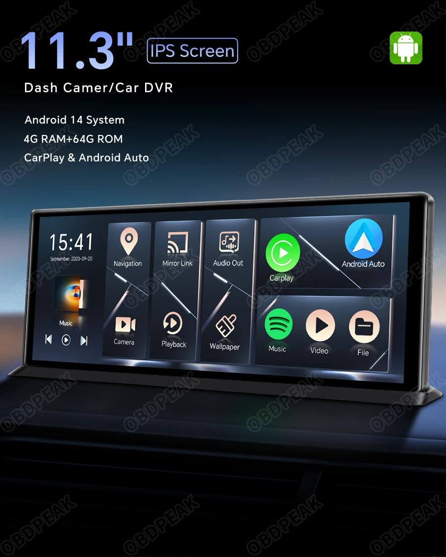 11.3" Android 14 Car Mirror Dash Cam with CarPlay, GPS & 1080P