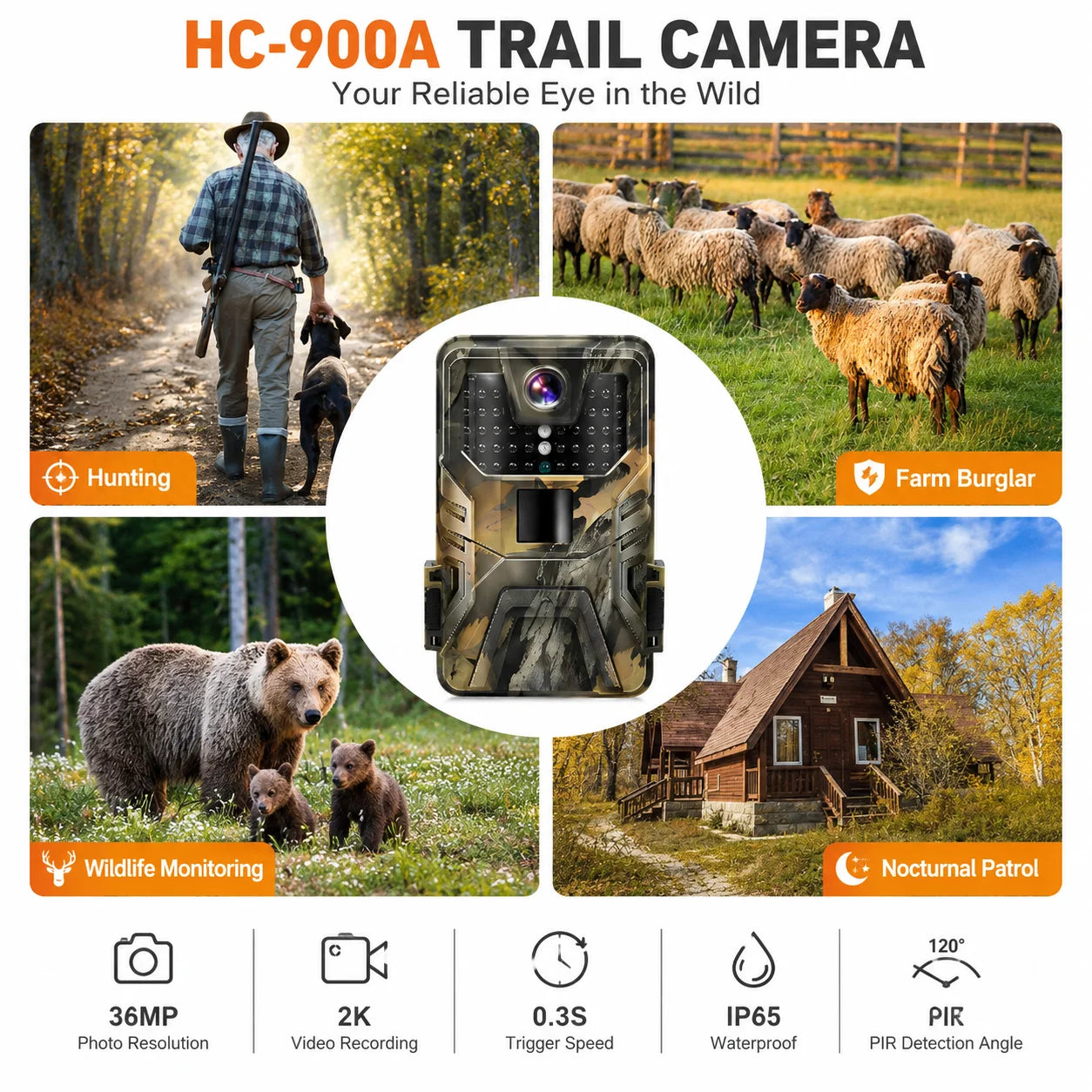 36MP 2K Trail Camera with 120° Detection and No Glow Night Vision