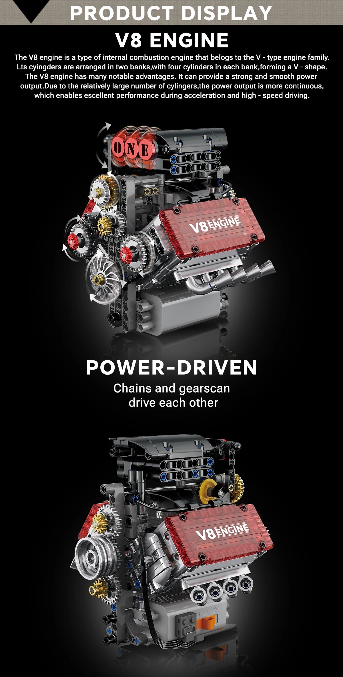 Motorised V8 Engine Brick Model - 478 Pieces