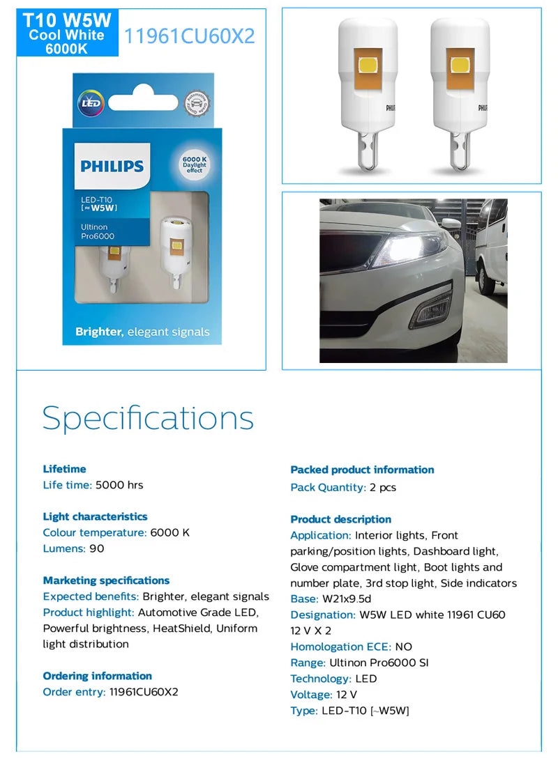 Philips LED T10 W5W Ultinon Pro6000 4000K 6000K fehér fényes belső lámpák, index jelző, nincs villanás, hibamentes, Páros