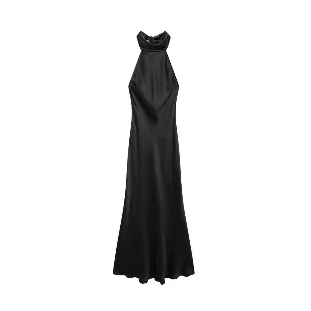 Women's Long Satin Halter Dress, Backless, Bow Tied, Back Zipper, Female Dresses, Sexy Fashion 