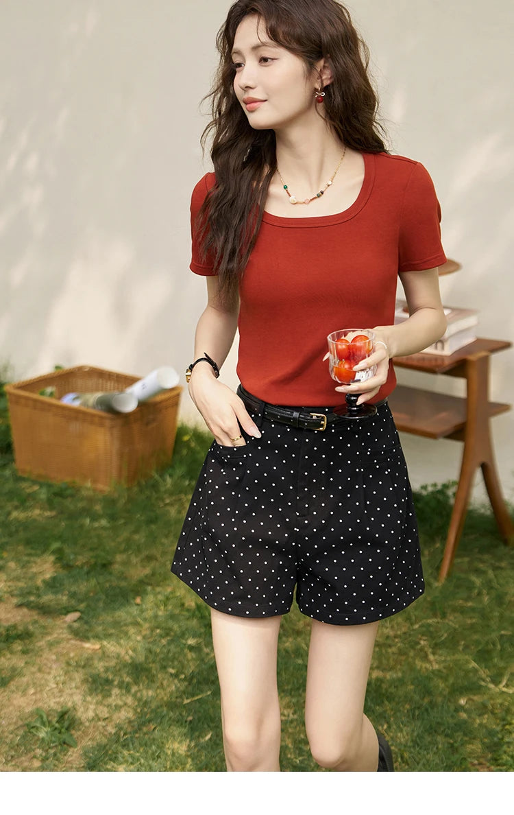 T-shirt da donna in misto cotone con scollo quadrato – Top elegante a maniche corte