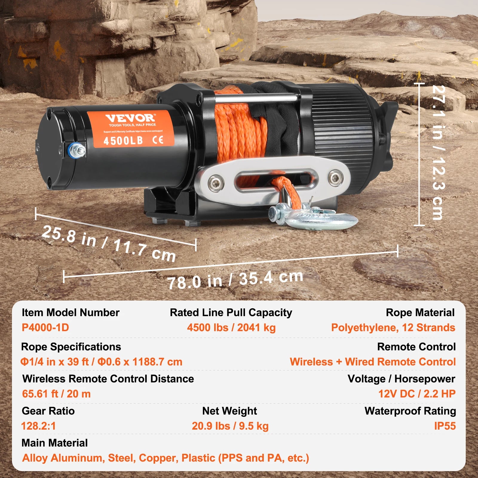 4500 lb 12V ATV/UTV Electric Winch with Wireless Remote & Rope