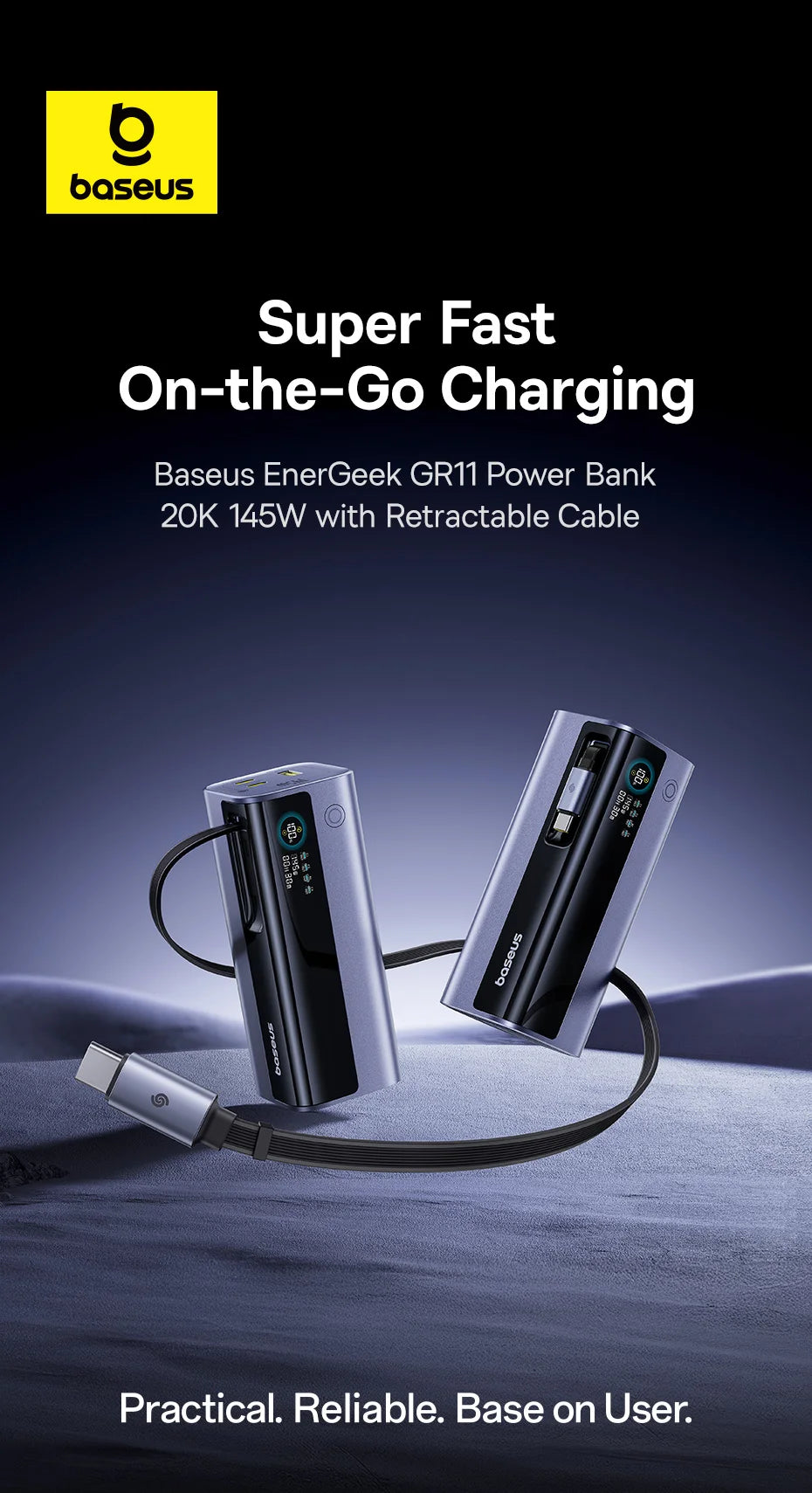 145W Snellader Powerbank 20000mAh met Uittrekbare USB-C Kabel