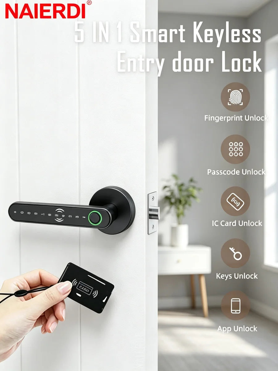 NAIERDI Smart Door Lock 5-1 Keyless Bluetooth Fingerprint Door Lock with Card Tuya APP Security Digital Door Lock with Handle
